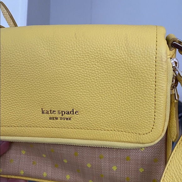Kate Spade NY Yellow Leather 'Run Around Raffia' Dot Large Flap Crossbody Bag - Picture 17 of 17